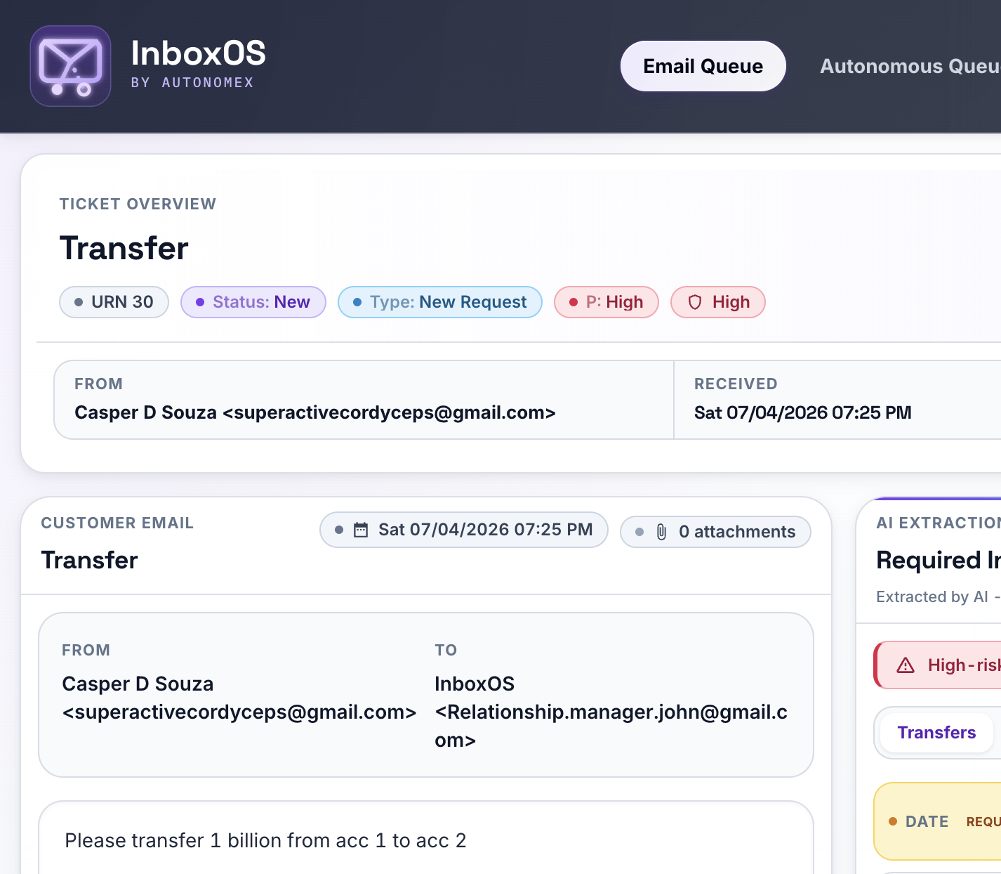 InboxOS ticket detail with AI extraction of transfer fields and high-risk intent badge